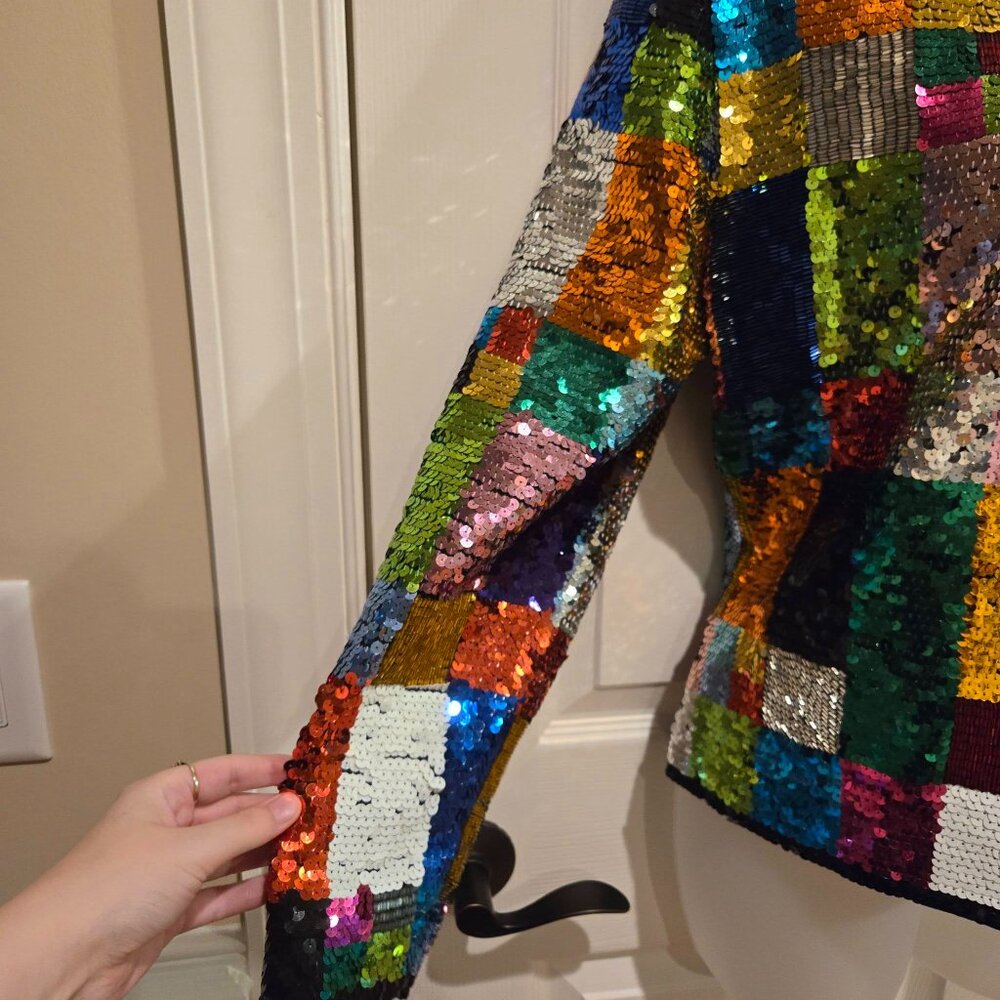Vintage Adrienne Vittadini Rainbow Sequin Glitter Patchwork Jacket Small - Picture 10 of 15